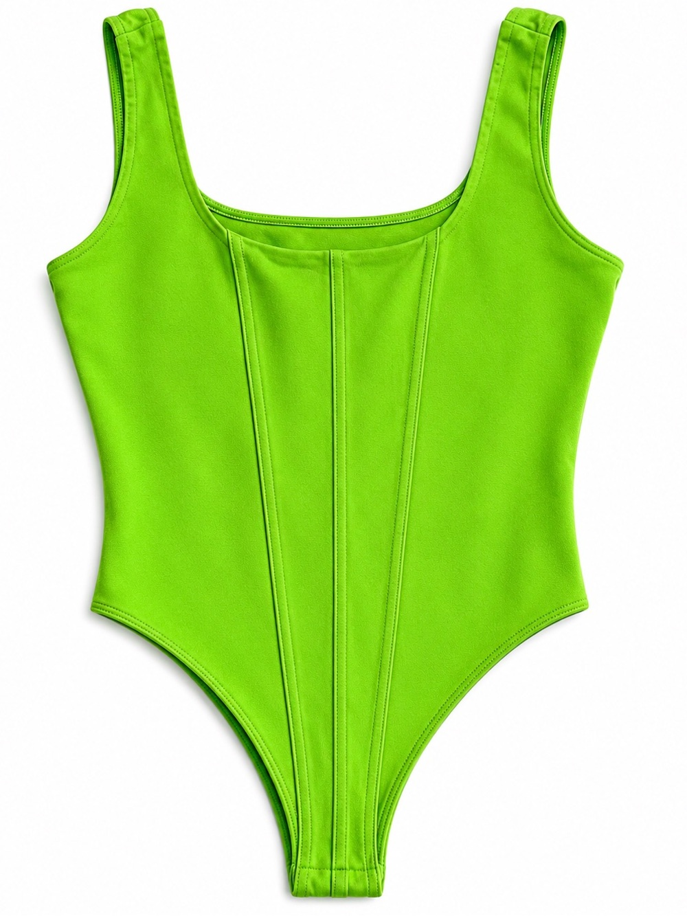 A New Day Women’s Square Neck Tank Bodysuit Lime Neon‎ Green Corset Seam Size M